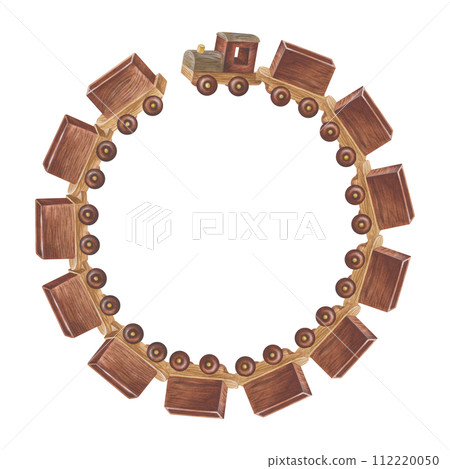 Train round Frame Border. Watercolor illustration of a vintage baby toy. Hand drawn on white isolated background. Painting of wooden locomotive circling. For postcards and stickers, logos and icons 112220050