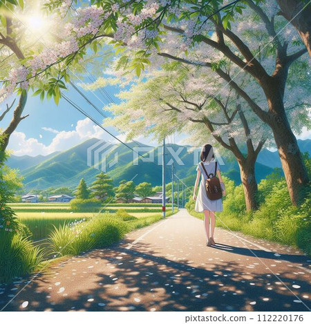 A woman looking at the scenery under the cherry blossoms A woman looking at the scenery under the cherry blossoms 112220176