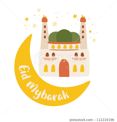 Ramadan Kareem greeting card with Arabic mosque, moon, crescent. Cartoon vector Islamic element. Ramadan Kareem greeting card with Arabic mosque, moon, crescent. Cartoon vector Islamic element. 112220196