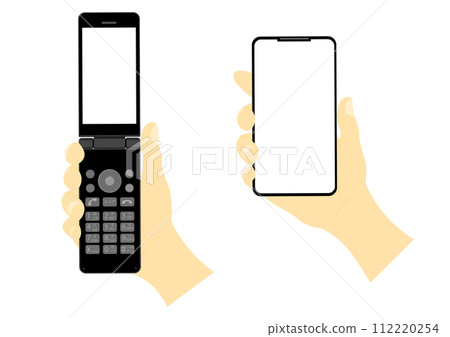 A hand holding a feature phone and a hand holding a smartphone 112220254