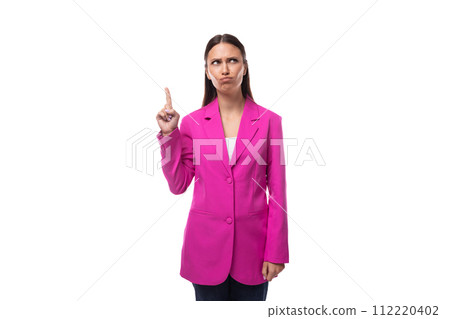 young smart brunette secretary woman wearing lilac jacket looks confident on white background with 112220402