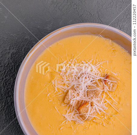 Plate of pea soup served with cheese Plate of pea soup served with cheese 112220457