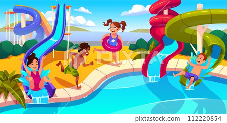 Happy children vacation in aquapark. Water slides with small visitors, active family holidays, extreme attractions, boys and girls in swimsuits swimming cartoon flat isolated tidy vector concept Happy children vacation in aquapark. Water slides with small visitors, active family holidays, extreme attractions, boys and girls in swimsuits swimming cartoon flat isolated tidy vector concept 112220854