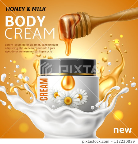 Honey and milk cream. Cosmetic advertising promo poster. White jar with chamomile on label. Lotion and oil liquid splashes, face and body care, realistic promotional banner. Vector concept Honey and milk cream. Cosmetic advertising promo poster. White jar with chamomile on label. Lotion and oil liquid splashes, face and body care, realistic promotional banner. Vector concept 112220859