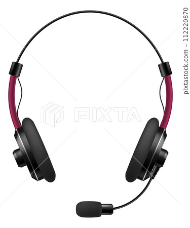 Music earphones with mic. Black headphone front side with microphone, Audio gadget with speaker, wireless mobile phone personal earbuds, musical gadget. Realistic isolated vector object 112220870