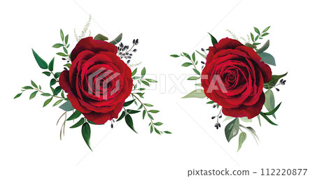 Red rose, burgundy flower with greenery leaves. Vector, watercolor, editable bouquet illustration. Floral decorative set isolated on white background. Elegant wedding invite party designer elements Red rose, burgundy flower with greenery leaves. Vector, watercolor, editable bouquet illustration. Floral decorative set isolated on white background. Elegant wedding invite party designer elements 112220877