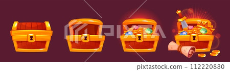 Wooden chest treasure. Open and closed, full and empty wood box with gold coins, gems, game icons, scroll, sword and crown, pirate treasures. Jewelry trunk. Cartoon tidy vector concept Wooden chest treasure. Open and closed, full and empty wood box with gold coins, gems, game icons, scroll, sword and crown, pirate treasures. Jewelry trunk. Cartoon tidy vector concept 112220880