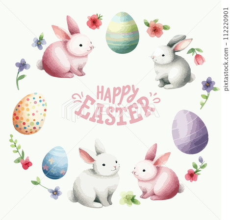 Round watercolor frame with cute Easter rabbit bunny, floral leaves and lettering. Round watercolor frame with cute Easter rabbit bunny, floral leaves and lettering. 112220901