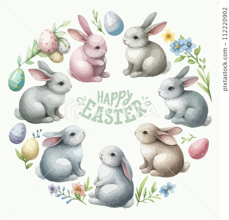 Round watercolor frame with cute Easter rabbit bunny, floral leaves and lettering. Round watercolor frame with cute Easter rabbit bunny, floral leaves and lettering. 112220902