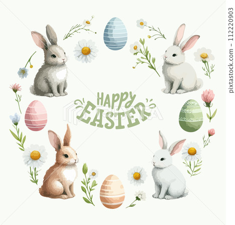 Round watercolor frame with cute Easter rabbit bunny, floral leaves and lettering. Round watercolor frame with cute Easter rabbit bunny, floral leaves and lettering. 112220903