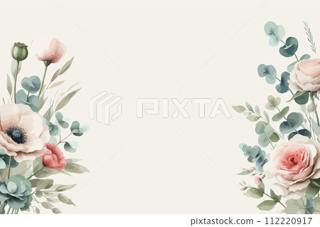 Horizontal watercolor floral backdrop decorated with spring wild flowers and leaves border. 112220917