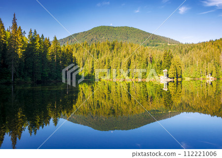 alpine lake synevyr in carpathian mountains in morning light. summer landscape with coniferous forest reflecting in the calm water. scenery under the blue sky. popular travel destination of ukraine alpine lake synevyr in carpathian mountains in morning light. summer landscape with coniferous forest reflecting in the calm water. scenery under the blue sky. popular travel destination of ukraine 112221006