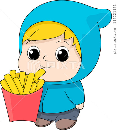 cartoon doodle illustration, baby boy is bringing delicious french fries to serve 112221121