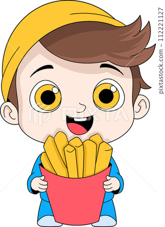cartoon doodle illustration, baby boy is standing holding a large and delicious portion of french fries cartoon doodle illustration, baby boy is standing holding a large and delicious portion of french fries 112221127
