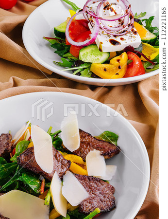 warm salad with meat and vegetable salad with sheep cheese warm salad with meat and vegetable salad with sheep cheese 112221166