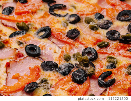 Pizza with ham, parmesan cheese and olives 112221200