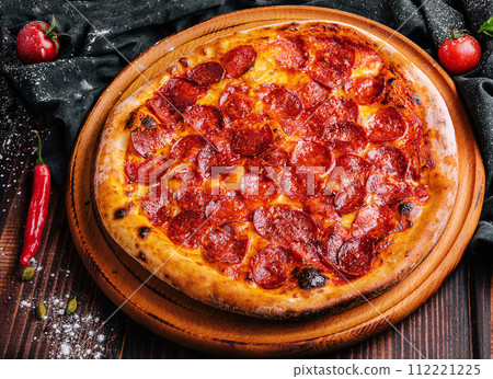 delicious pepperoni pizza on top view 112221225