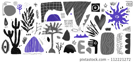 Hand drawn scribble with plants and punk hand and leaf. Doodles with purple abstact shapes. Y2k contemporary zin art. Vector grunge illustration. New school. Hand drawn scribble with plants and punk hand and leaf. Doodles with purple abstact shapes. Y2k contemporary zin art. Vector grunge illustration. New school. 112221272
