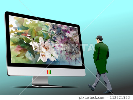 Flat computer monitor and walking man. Display. Vector 3d abstract illustration Flat computer monitor and walking man. Display. Vector 3d abstract illustration 112221533