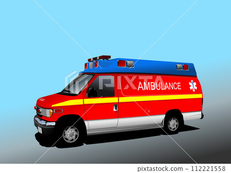 Modern ambulance van on the road. Vector Colored 3d illustration Modern ambulance van on the road. Vector Colored 3d illustration 112221558