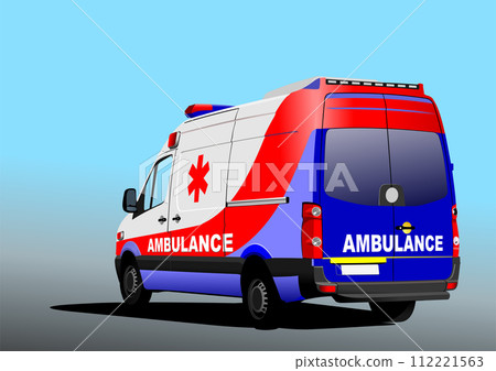 Modern ambulance van on the road. Vector Colored 3d illustration Modern ambulance van on the road. Vector Colored 3d illustration 112221563
