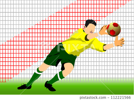Soccer player goalkeeper catching ball silhouette. 3D vector color illustration 112221566