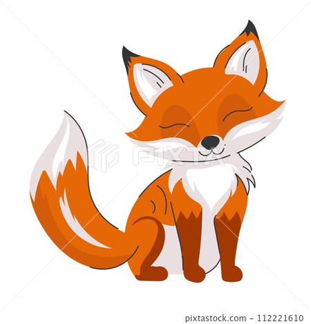 Flat vector cartoon illustration of a cute sitting red fox character isolated on white. Contemporary flat style animal woodland themed design element for print, stationery, cards. modern lines 112221610