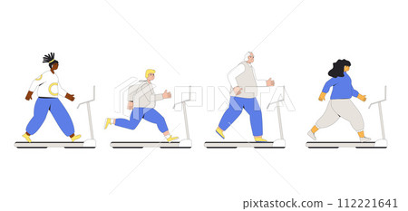 Weight loss exercises on treadmill. Diversity characters with obesity running. Vector illustration 112221641