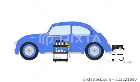 Detailing retro car concept. Polish and dry cleaning automobile. Garage service for old auto. Remove scratch on vehicle, restoration. Vector illustration isolated on white background Detailing retro car concept. Polish and dry cleaning automobile. Garage service for old auto. Remove scratch on vehicle, restoration. Vector illustration isolated on white background 112221680