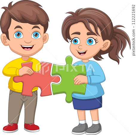 Happy Cute Kids Play Solving Puzzles Together 112221692