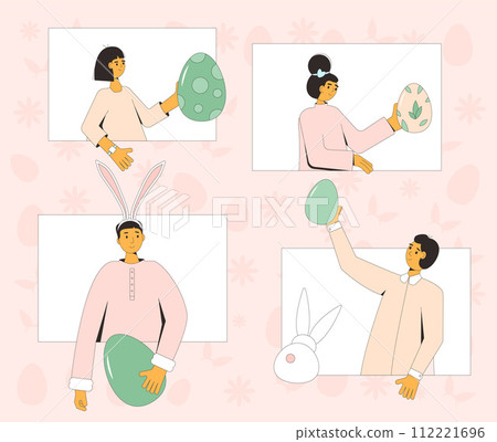 Easter exchange gifts present event. Young people with eggs, bunny ears celebration spring holiday together online. Friends take part on Easter egg hunt party. Vector flat illustration 112221696