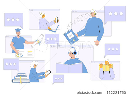 Senior aged people education. Elderly men and women learning online. Older adults students and graduates. Happy retirement intellectual and social activity. Retirement science community. Senior aged people education. Elderly men and women learning online. Older adults students and graduates. Happy retirement intellectual and social activity. Retirement science community. 112221760