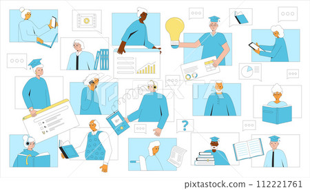 Reskilling and hobby education for retired person. Senior people learning together online. Elderly men and women get new skills. Reskilling and hobby education for retired person. Senior people learning together online. Elderly men and women get new skills. 112221761