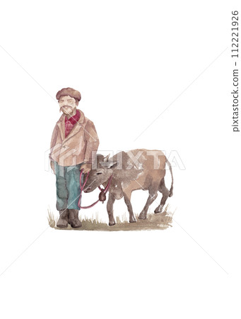 A shepherd and a bull walk side by side. Isolated watercolor illustration 112221926