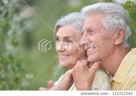 Portrait of happy elderly couple posing in park Portrait of happy elderly couple posing in park 112222282