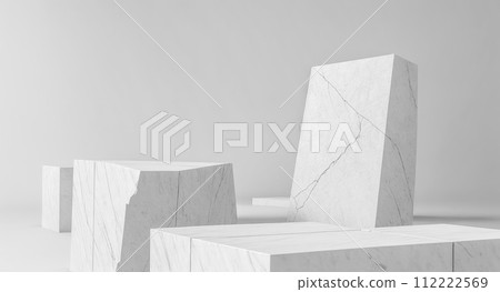 White stone plate cosmetic podium, abstract empty product display floor platform broken and blank rock stage stand on plaster concrete pedestal backdrop with natural marble show scene. White stone plate cosmetic podium, abstract empty product display floor platform broken and blank rock stage stand on plaster concrete pedestal backdrop with natural marble show scene. 112222569