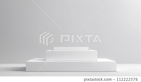 Empty podium or pedestal display on white background with stand. Blank product shelf standing backdrop. 3d product display space 112222578