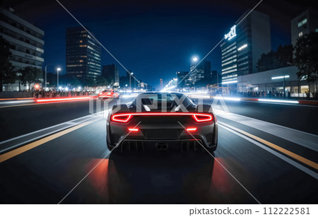 Nighttime view of sports car on city highway, seen from behind, with urban landscape and city lights in background. Dynamic and thrilling scene capturing speed and energy of night drive Nighttime view of sports car on city highway, seen from behind, with urban landscape and city lights in background. Dynamic and thrilling scene capturing speed and energy of night drive 112222581