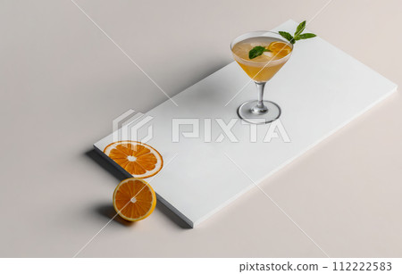 Elegant cocktail garnished with fresh mint, resting on a modern white surface, accompanied by sliced oranges, showcasing a perfect blend of sophistication and freshness Elegant cocktail garnished with fresh mint, resting on a modern white surface, accompanied by sliced oranges, showcasing a perfect blend of sophistication and freshness 112222583