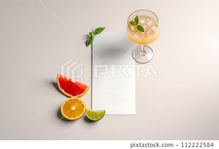 refreshing cocktail with fresh mint leaves. mockup blank white card, perfect for adding bar menu or cocktail recipe. Sliced citrus fruits add vibrant touch, enhancing visual appeal refreshing cocktail with fresh mint leaves. mockup blank white card, perfect for adding bar menu or cocktail recipe. Sliced citrus fruits add vibrant touch, enhancing visual appeal 112222584