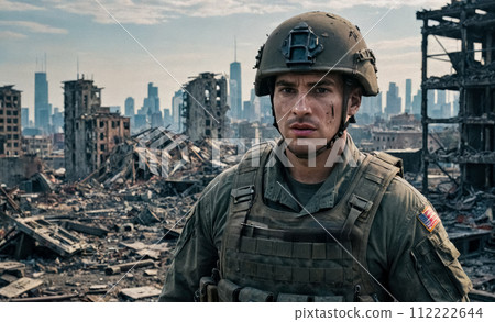 Weary American soldier, uniform adorned with USA flag, stands against backdrop of city ravaged by bombing or military conflict. Soldier fatigue and devastation of urban landscape intense warfare 112222644