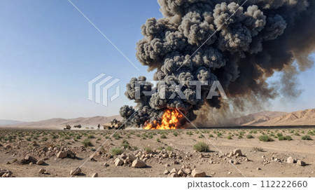Massive explosion with dark smoke rising in desert, military vehicle in foreground, buildings and mountains in background, clear sky above Massive explosion with dark smoke rising in desert, military vehicle in foreground, buildings and mountains in background, clear sky above 112222660