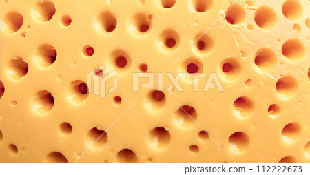 Closeup view of Swiss cheese texture, showcasing iconic holes and creamy yellow surface, perfect for food blogs, culinary websites, or gourmet presentations 112222673