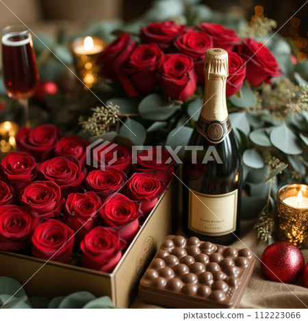 champagne bottle with red roses 112223066