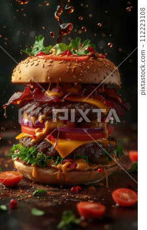 huge hamburger on a black background 112223108