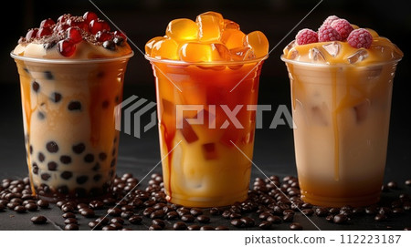 assorted boba tea on a black background assorted boba tea on a black background 112223187