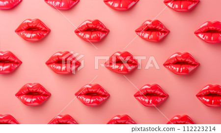 Red lips pattern on pink background, top view. Valentine's day concept Red lips pattern on pink background, top view. Valentine's day concept 112223214