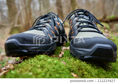 Sturdy hiking boots on vibrant green moss. Trekking shoes in nature. Concept of exploration and outdoor activities 112223427