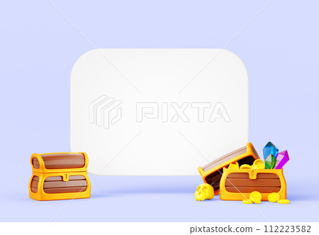 Pirate cartoon 3d banner. Blank white poster template and chest of gold coins, gems and skull on background. Treasure map or invitation card for adventure game, corsair party or quest. 3D illustration 112223582