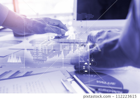 Stock market or forex trading graph and candlestick chart suitable for financial investment concept. Economy trends background for business idea and all art work design. Abstract finance background.. 112223615